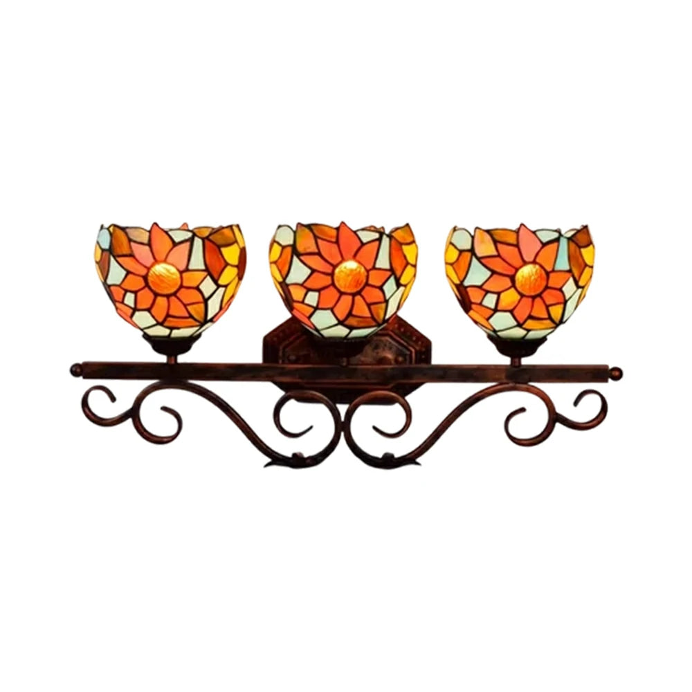LIVARA European Vintage Blue Sunflower 3-Light Wall Light Stained Glass Handcrafted Iron Frame 63cm Living Room Bedroom Dining