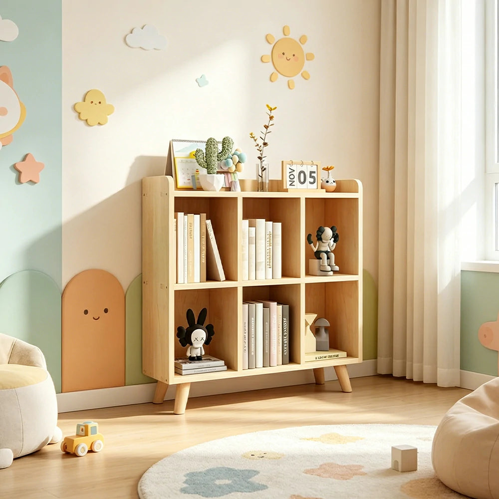 LIVARA Bookshelf - Raised Guardrail Solid Wood Storage Shelf with Legs 90cm - Natural Wood