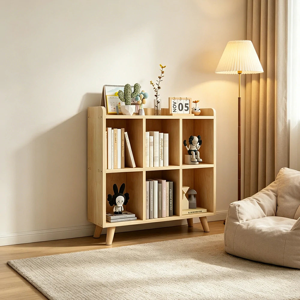LIVARA Bookshelf - Raised Guardrail Solid Wood Storage Shelf with Legs 90cm - Natural Wood