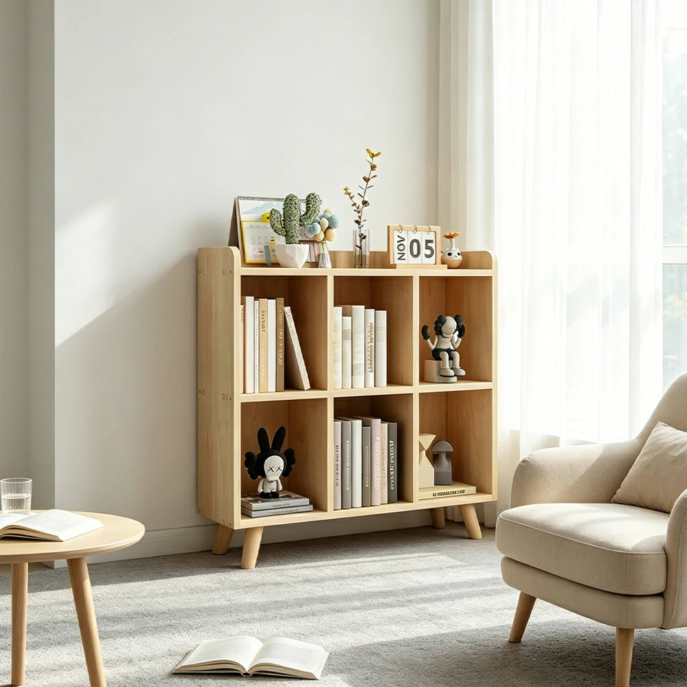 LIVARA Bookshelf - Raised Guardrail Solid Wood Storage Shelf with Legs 90cm - Natural Wood