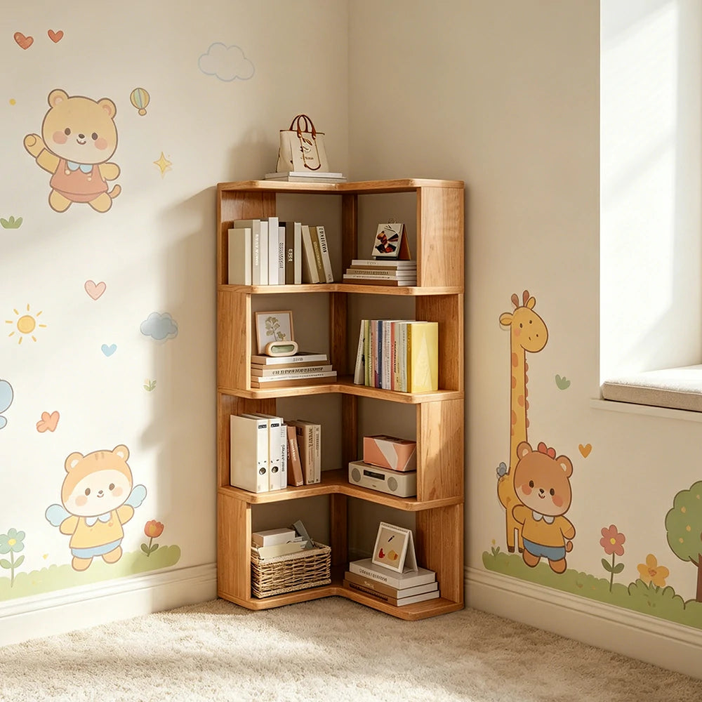 LIVARA Corner Bookshelf - Eco Clear Lacquer Solid Wood Multi-Tier Storage Shelf - Natural Wood