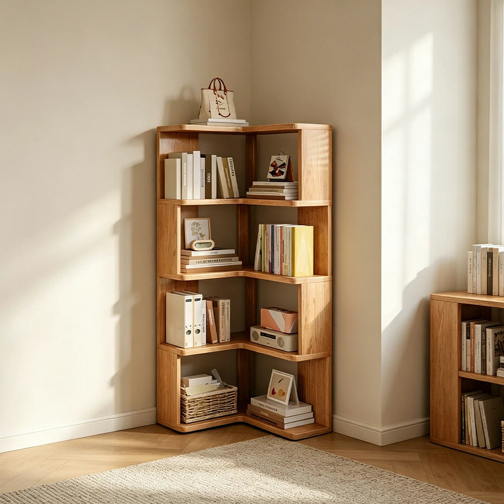LIVARA Corner Bookshelf - Eco Clear Lacquer Solid Wood Multi-Tier Storage Shelf - Natural Wood