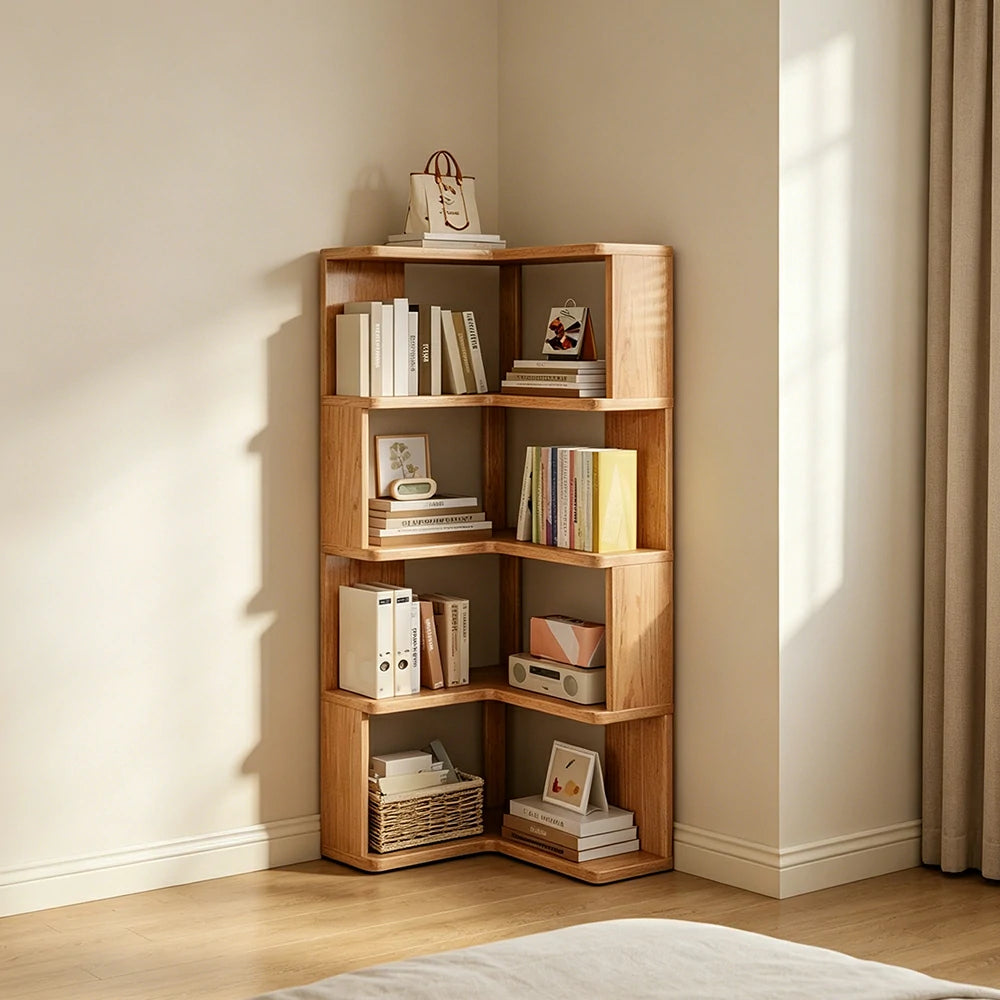 LIVARA Corner Bookshelf - Eco Clear Lacquer Solid Wood Multi-Tier Storage Shelf - Natural Wood
