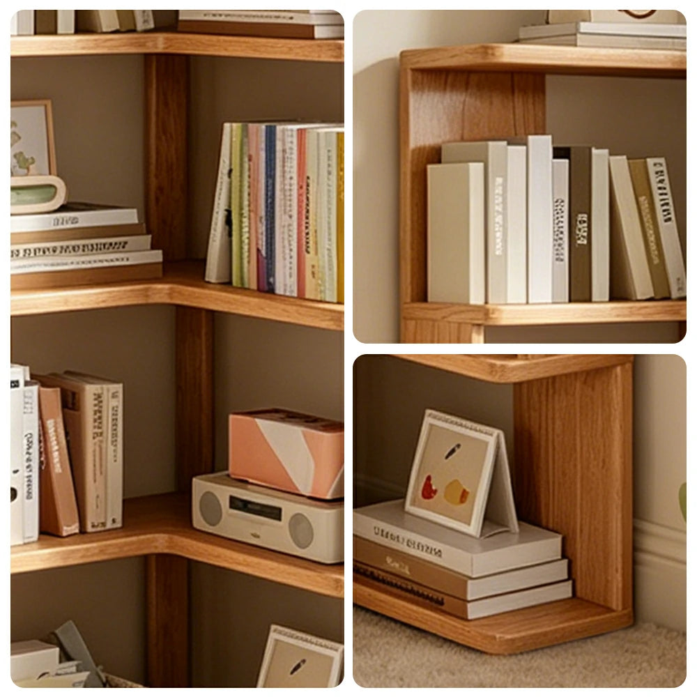 LIVARA Corner Bookshelf - Eco Clear Lacquer Solid Wood Multi-Tier Storage Shelf - Natural Wood