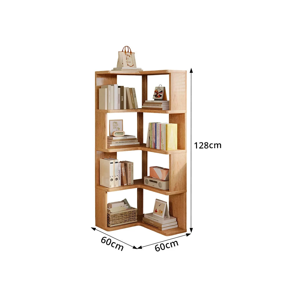LIVARA Corner Bookshelf - Eco Clear Lacquer Solid Wood Multi-Tier Storage Shelf - Natural Wood