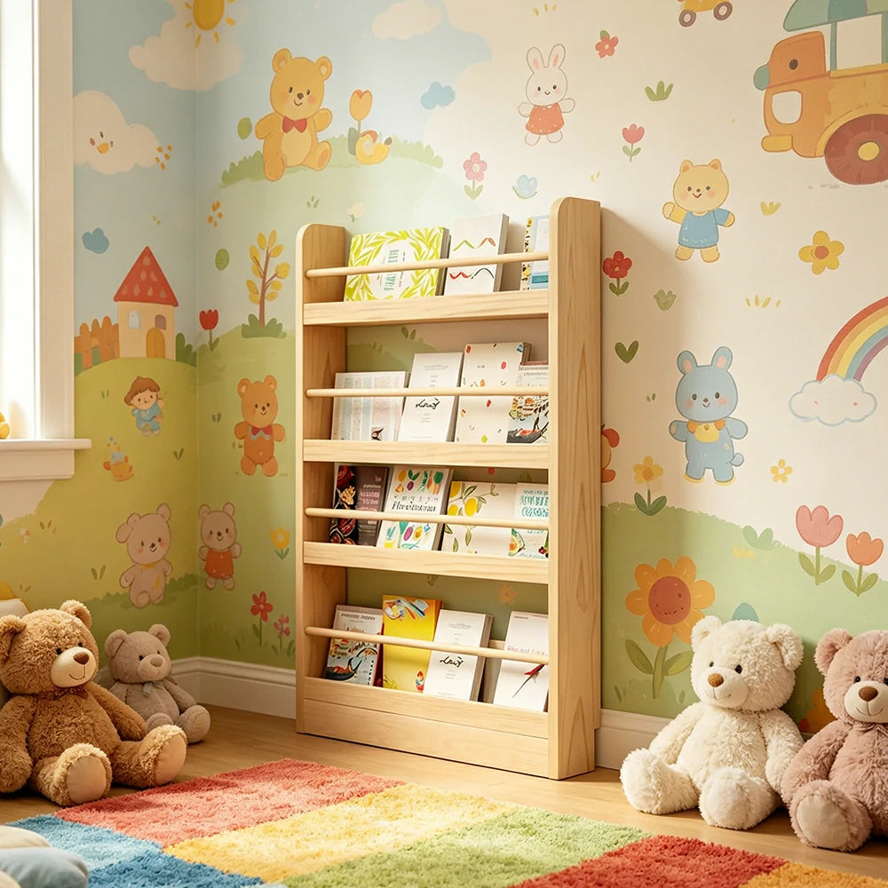 LIVARA Kids Bookshelf - Four-Tier Solid Wood Book Display Shelf 120cm for Reading Room - Natural Wood