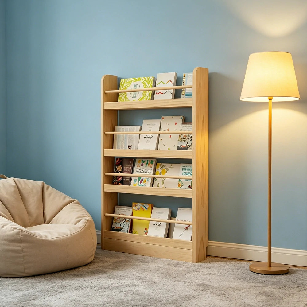 LIVARA Kids Bookshelf - Four-Tier Solid Wood Book Display Shelf 120cm for Reading Room - Natural Wood
