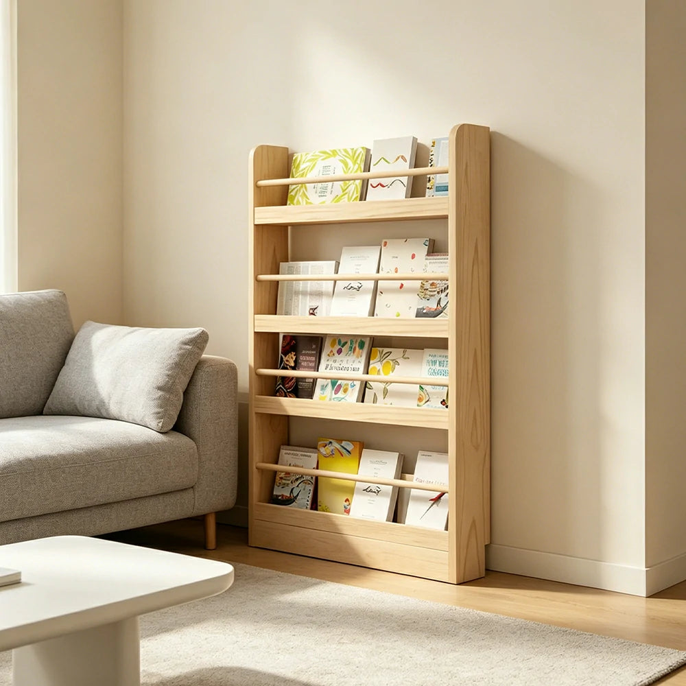 LIVARA Kids Bookshelf - Four-Tier Solid Wood Book Display Shelf 120cm for Reading Room - Natural Wood