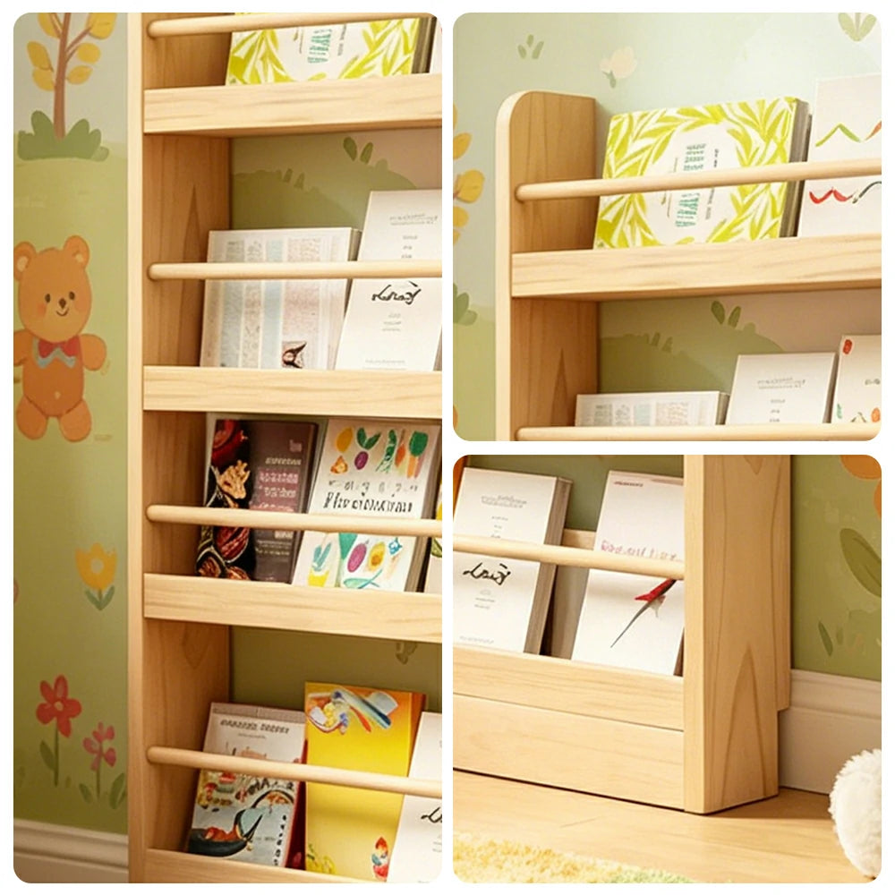 LIVARA Kids Bookshelf - Four-Tier Solid Wood Book Display Shelf 120cm for Reading Room - Natural Wood