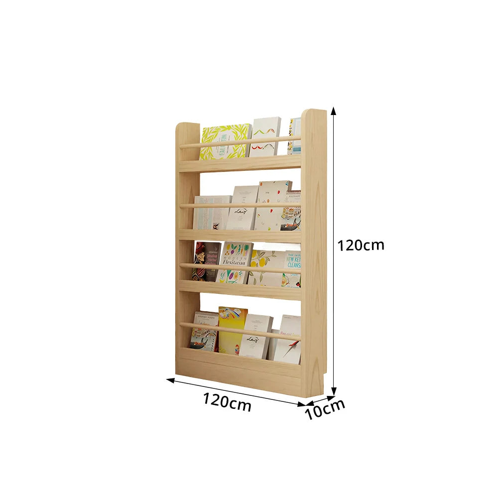 LIVARA Kids Bookshelf - Four-Tier Solid Wood Book Display Shelf 120cm for Reading Room - Natural Wood