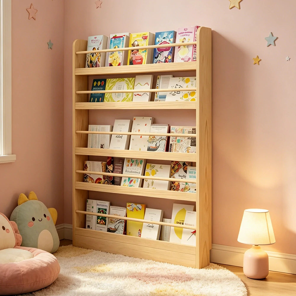 LIVARA Kids Bookshelf - Six-Tier Solid Wood Book Display Shelf 120cm for Reading Room - Natural Wood