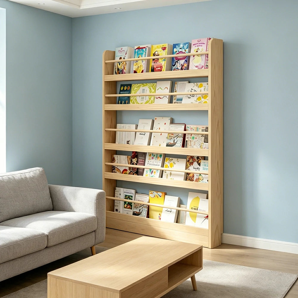 LIVARA Kids Bookshelf - Six-Tier Solid Wood Book Display Shelf 120cm for Reading Room - Natural Wood