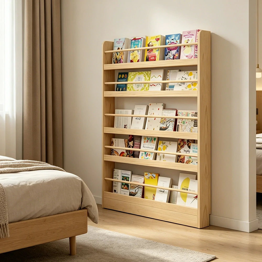LIVARA Kids Bookshelf - Six-Tier Solid Wood Book Display Shelf 120cm for Reading Room - Natural Wood