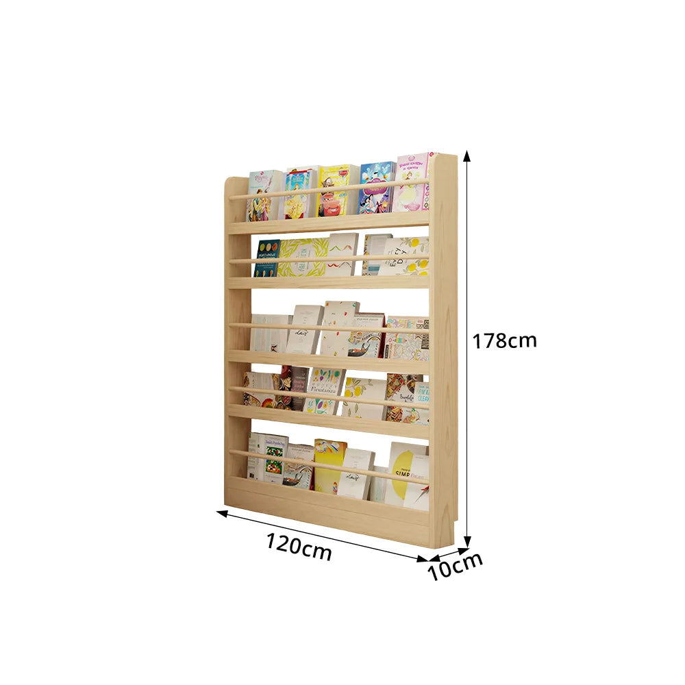 LIVARA Kids Bookshelf - Six-Tier Solid Wood Book Display Shelf 120cm for Reading Room - Natural Wood