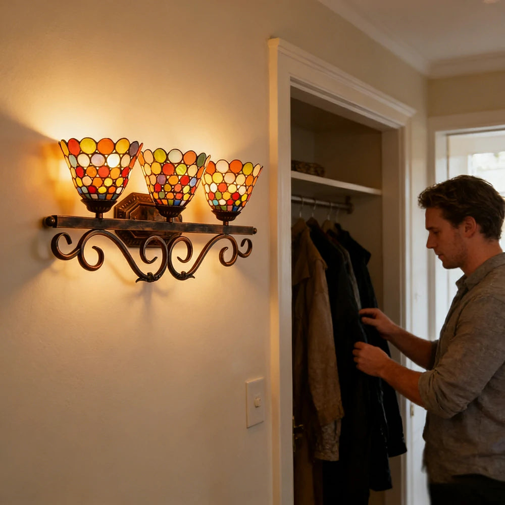 LIVARA 3-Light Stained Glass Wall Light Handcrafted Soft Ambient Vintage Lighting 63cm Bedroom Dining Living