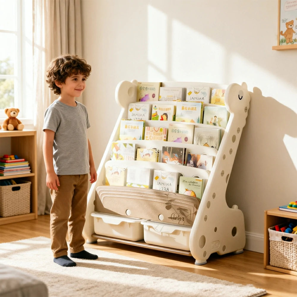 LIVARA Kids Book and Toy Storage Cabinet with Open Shelves and Storage Boxes for Kids Room and Learning Space