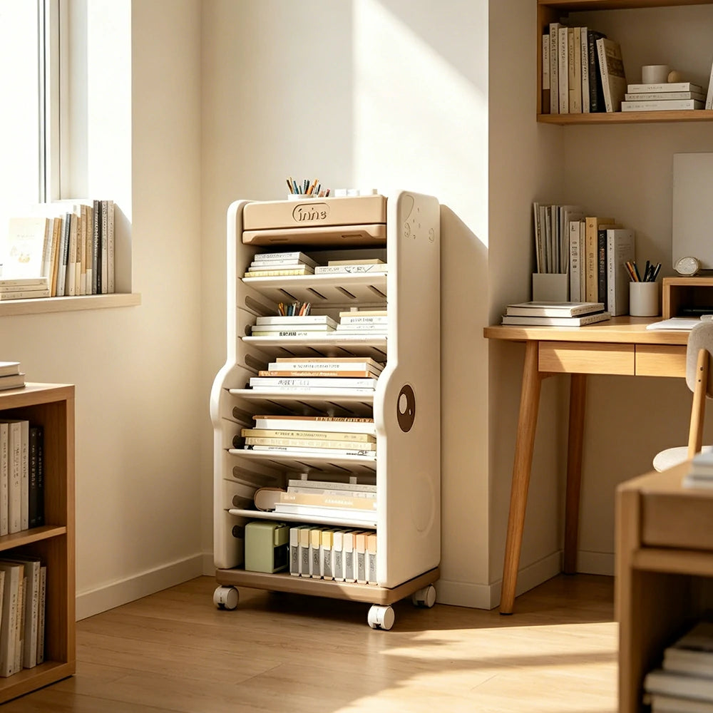 LIVARA Desk Side Storage Rack with Adjustable Shelves and Wheels for Study Room Learning Area and Office