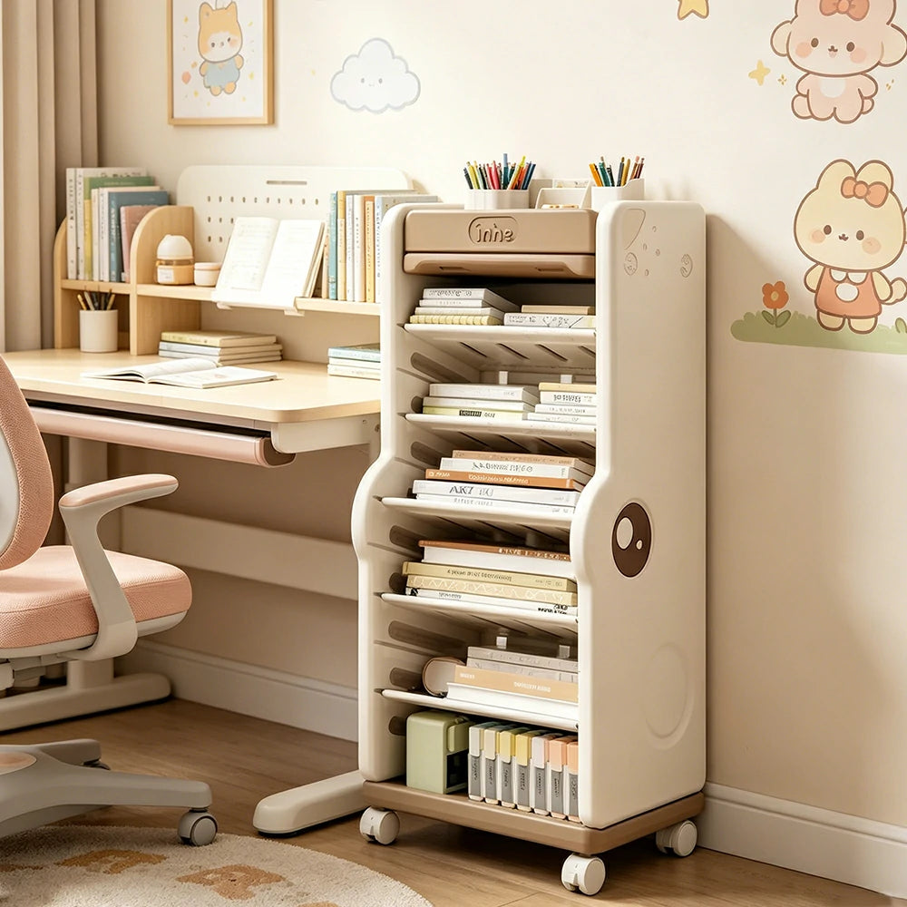 LIVARA Desk Side Storage Rack with Adjustable Shelves and Wheels for Study Room Learning Area and Office