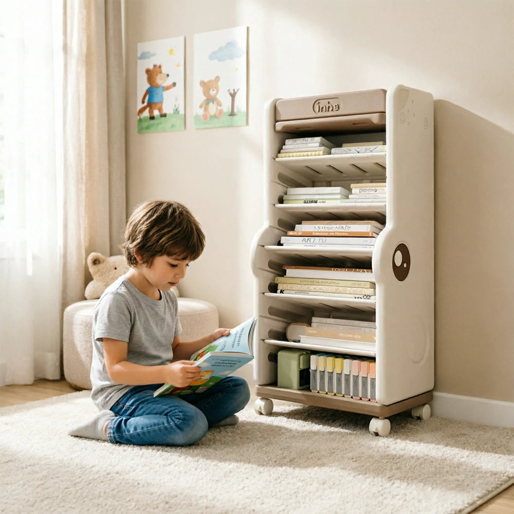 LIVARA Desk Side Storage Rack with Adjustable Shelves and Wheels for Study Room Learning Area and Office