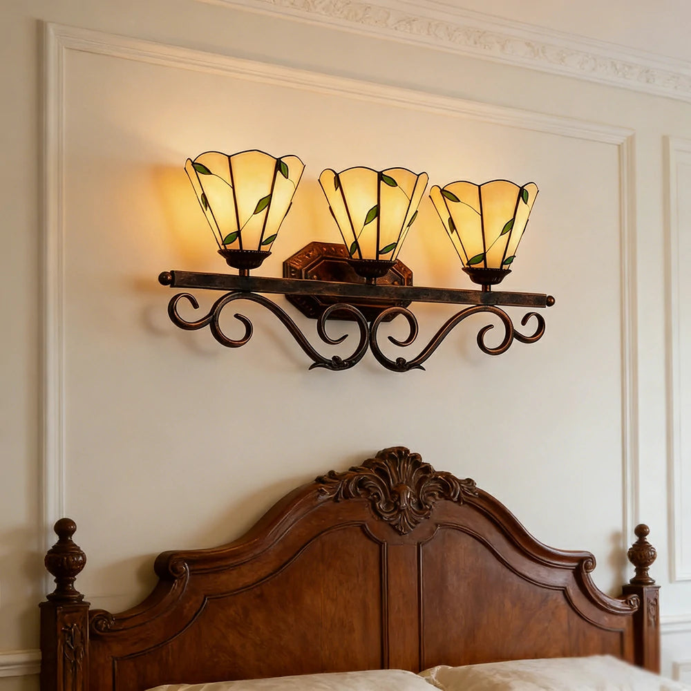 LIVARA European Vintage Warm Leaf 3-Light Wall Light Stained Glass Handcrafted Iron Frame 63cm Living Room Bedroom Dining