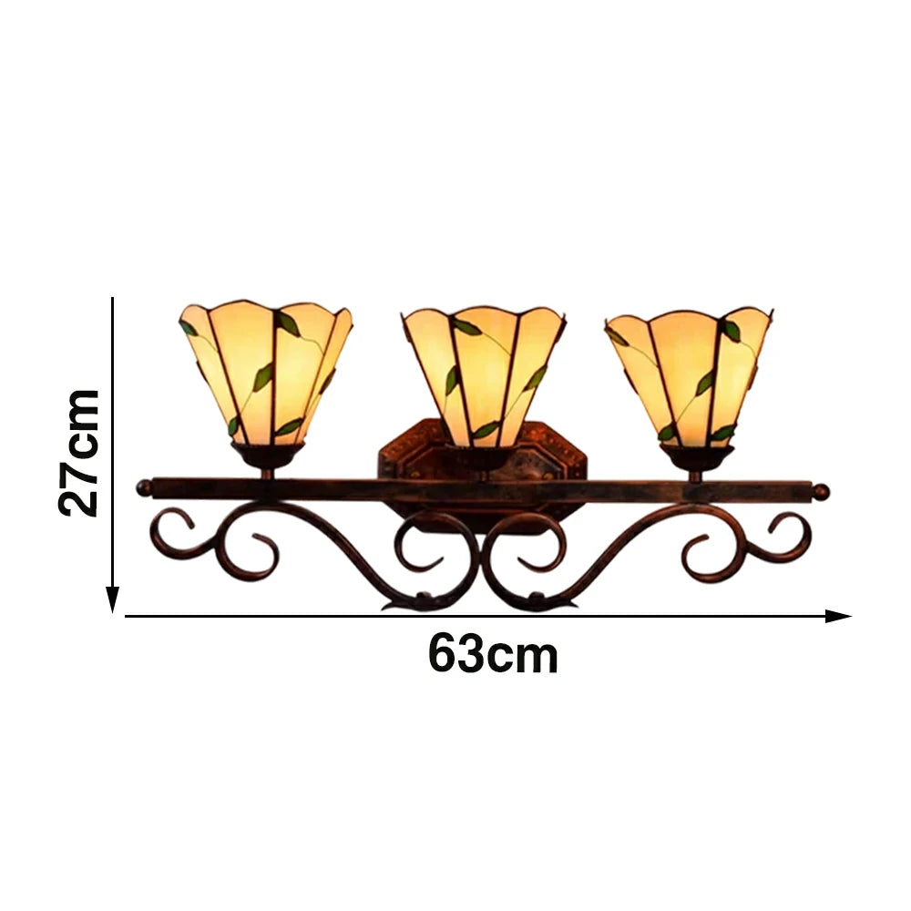 LIVARA European Vintage Warm Leaf 3-Light Wall Light Stained Glass Handcrafted Iron Frame 63cm Living Room Bedroom Dining