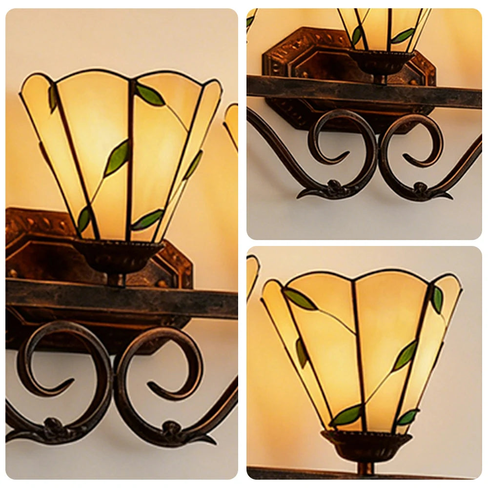 LIVARA European Vintage Warm Leaf 3-Light Wall Light Stained Glass Handcrafted Iron Frame 63cm Living Room Bedroom Dining