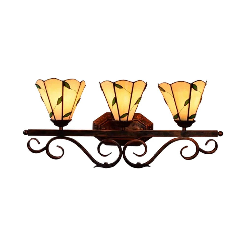 LIVARA European Vintage Warm Leaf 3-Light Wall Light Stained Glass Handcrafted Iron Frame 63cm Living Room Bedroom Dining