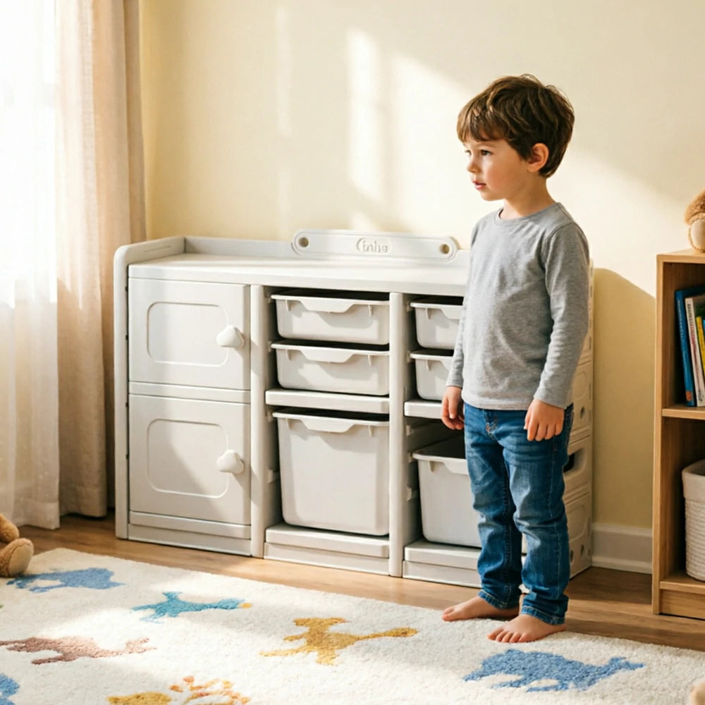 LIVARA Kids Storage Cabinet with Open Storage and Drawer Boxes 108x33x67cm for Kids Room and Playroom