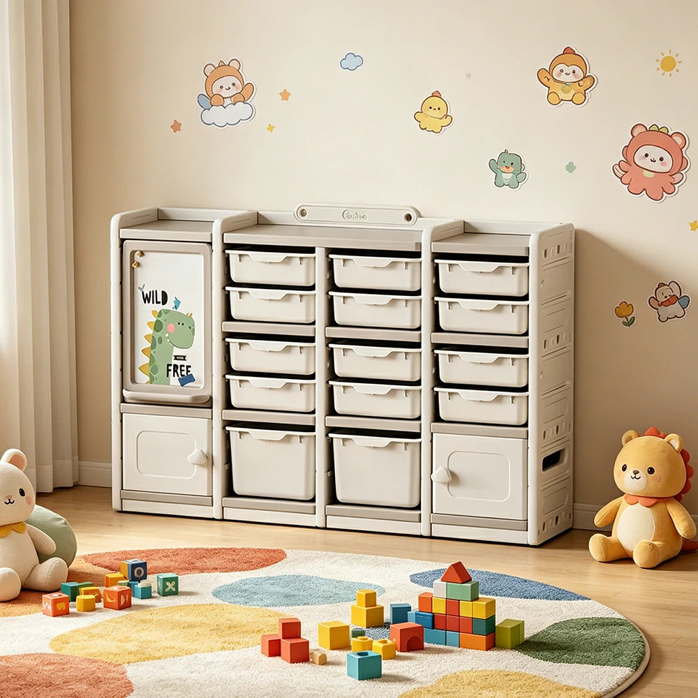LIVARA Kids Storage Cabinet with Open Storage and Drawer Boxes 141x33x94cm for Kids Room and Playroom