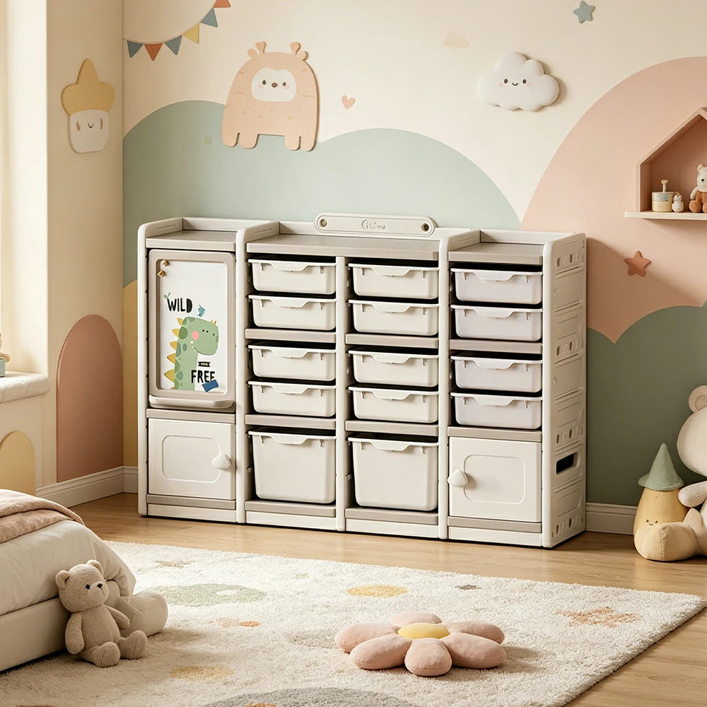 LIVARA Kids Storage Cabinet with Open Storage and Drawer Boxes 141x33x94cm for Kids Room and Playroom