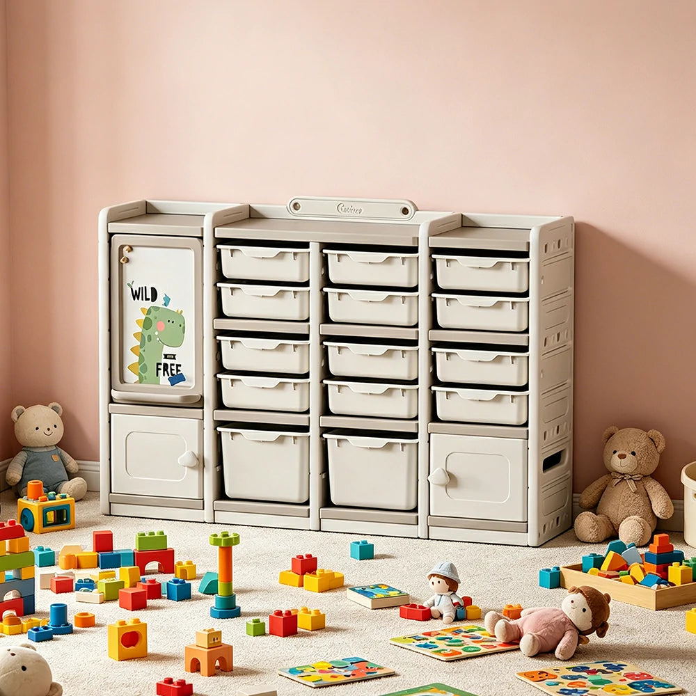 LIVARA Kids Storage Cabinet with Open Storage and Drawer Boxes 141x33x94cm for Kids Room and Playroom