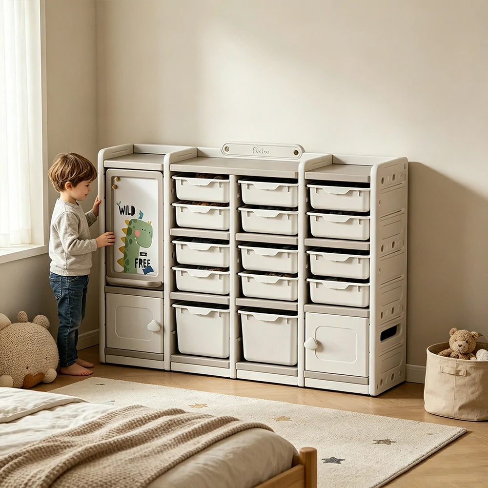 LIVARA Kids Storage Cabinet with Open Storage and Drawer Boxes 141x33x94cm for Kids Room and Playroom