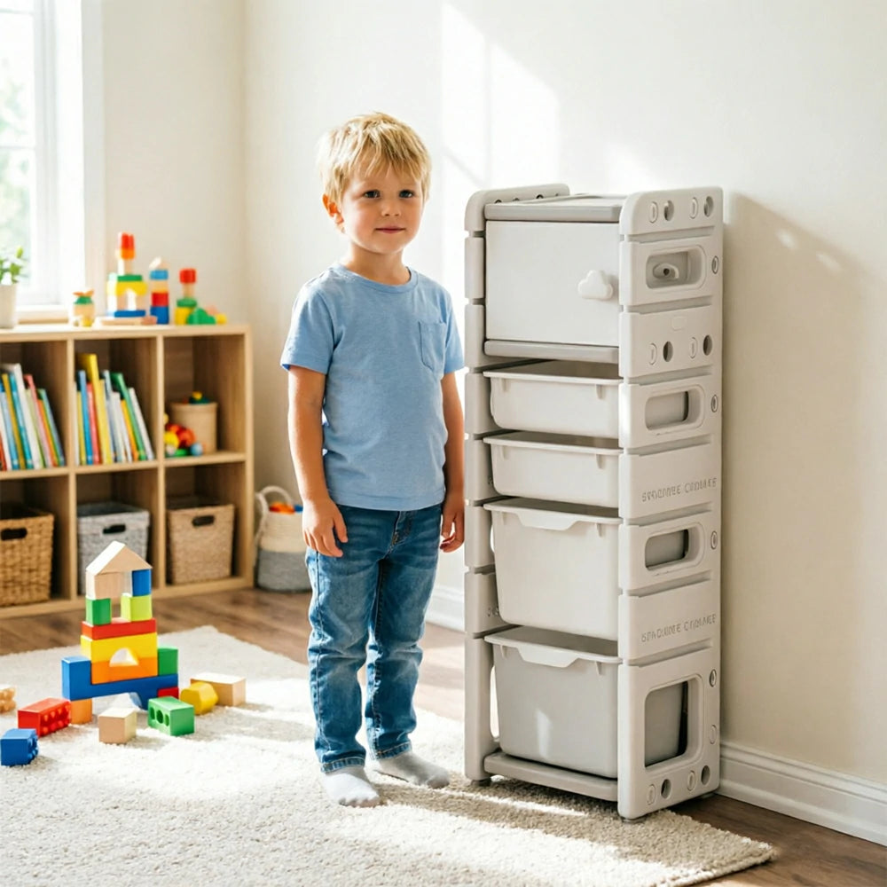 LIVARA Kids Storage Cabinet with Open Storage and Drawer Boxes 37x33x108cm for Kids Room and Playroom