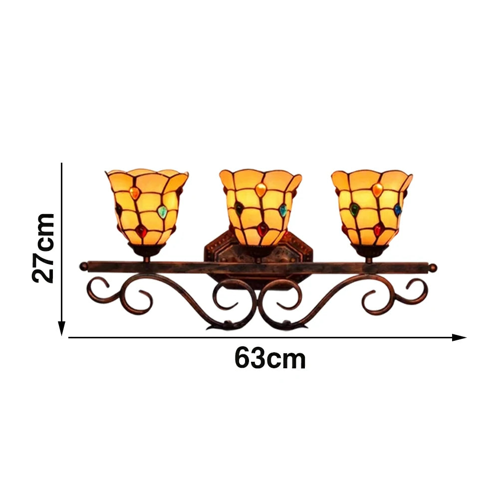 LIVARA European Vintage Colorful Bead 3-Light Wall Light Stained Glass Handcrafted Iron Frame 63cm Living Room Bedroom Dining