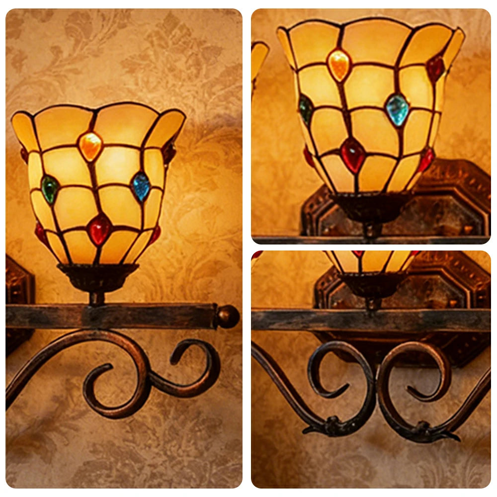 LIVARA European Vintage Colorful Bead 3-Light Wall Light Stained Glass Handcrafted Iron Frame 63cm Living Room Bedroom Dining
