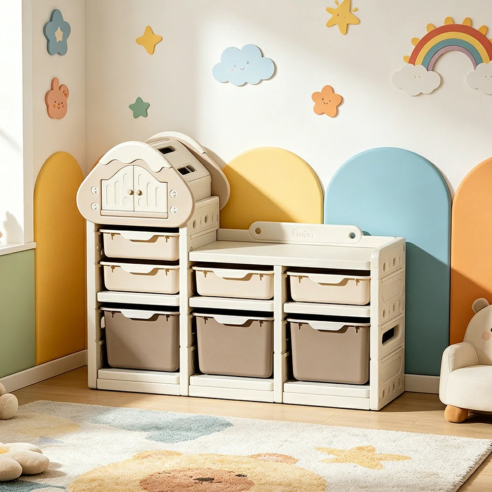 LIVARA Kids Storage Cabinet with Food-Grade PE and Play House Design 111cm for Kids Room and Playroom