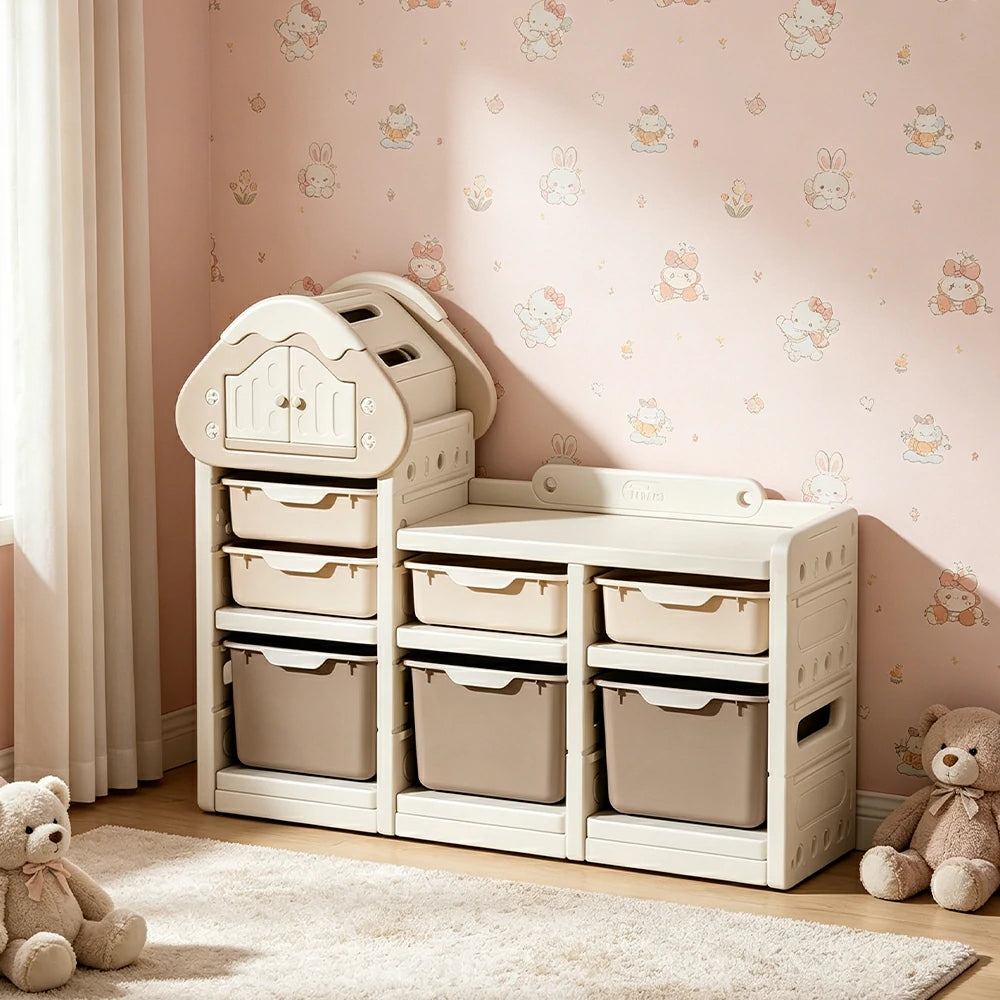 LIVARA Kids Storage Cabinet with Food-Grade PE and Play House Design 111cm for Kids Room and Playroom