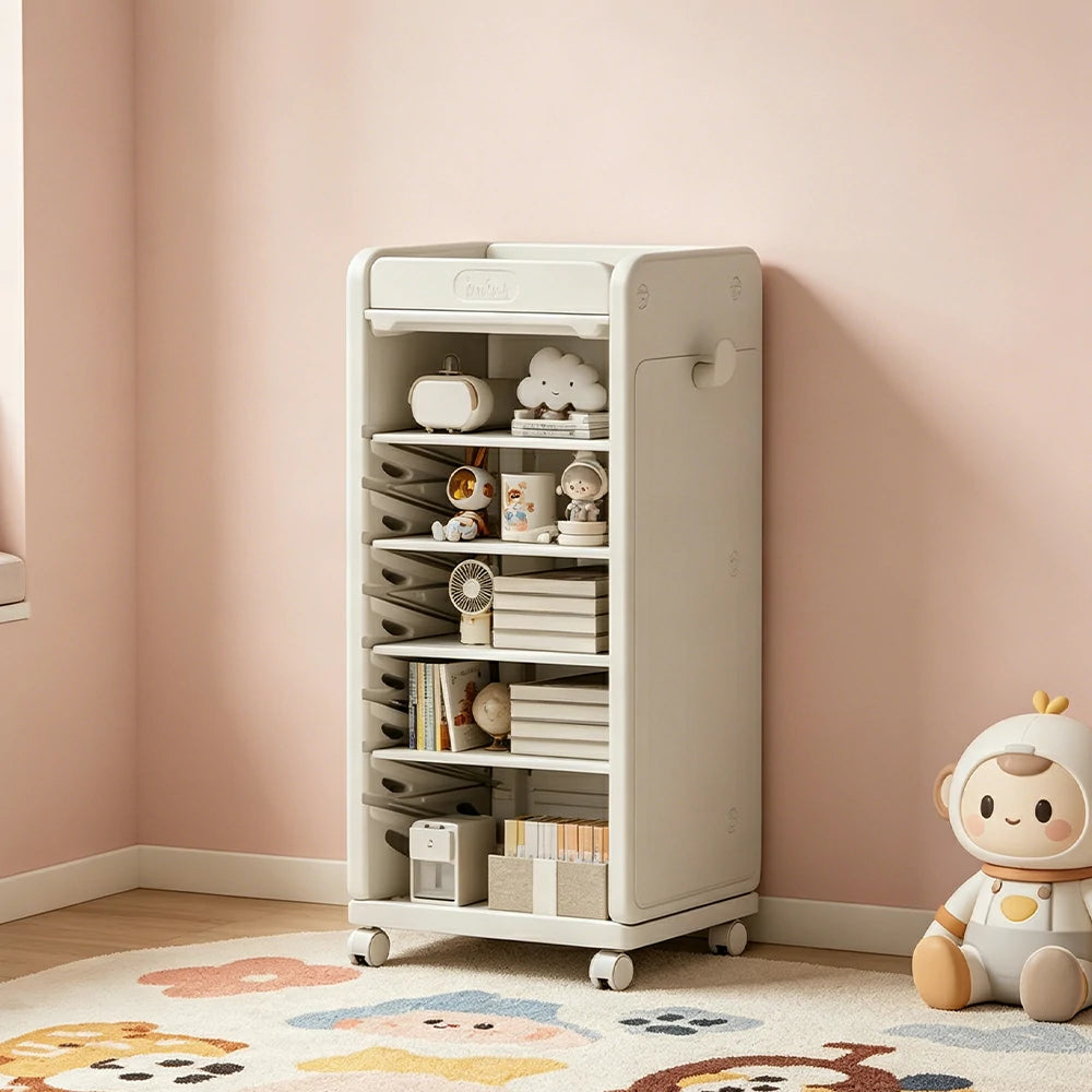 LIVARA Kids Mobile Bookcase with Adjustable Shelves and Wheels for Kids Room Study Area and Reading Space - White