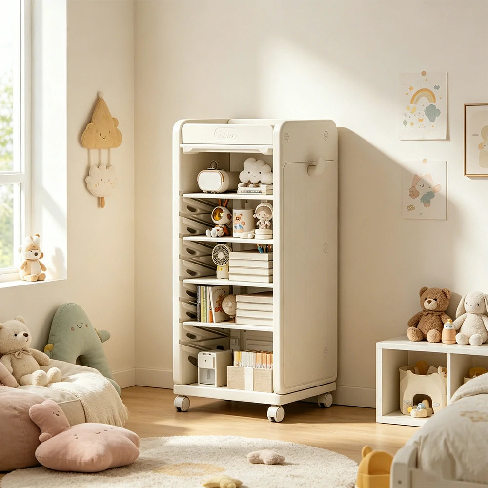 LIVARA Kids Mobile Bookcase with Adjustable Shelves and Wheels for Kids Room Study Area and Reading Space - White