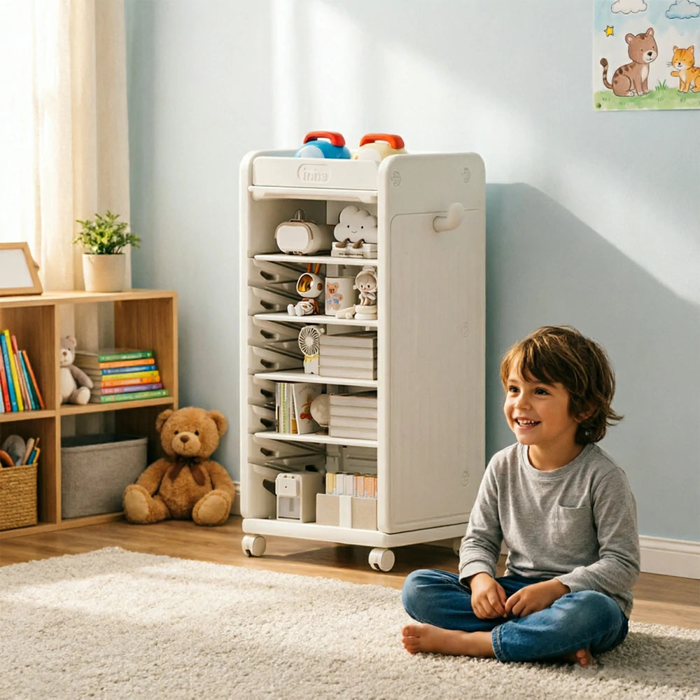 LIVARA Kids Mobile Bookcase with Adjustable Shelves and Wheels for Kids Room Study Area and Reading Space - White