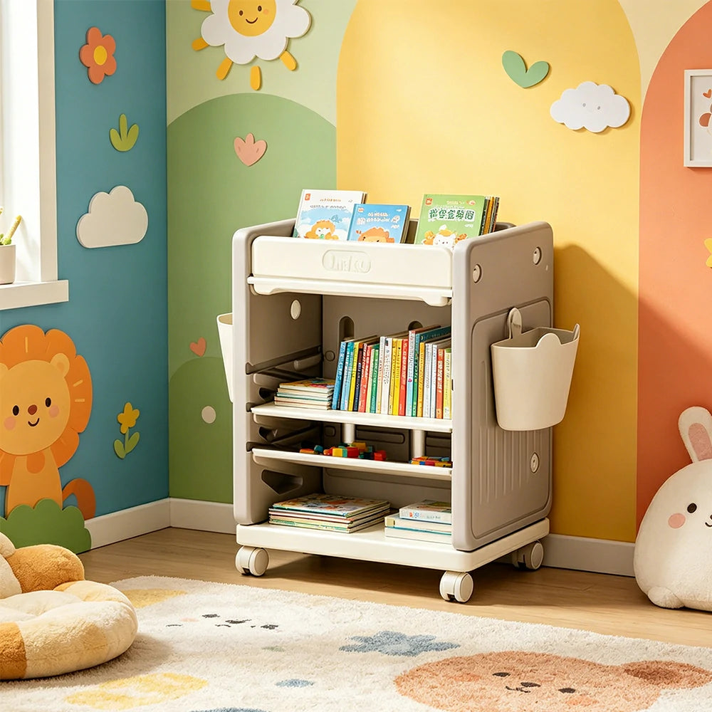 LIVARA Kids Mobile Bookcase with Adjustable Shelves and Wheels for Kids Room Study Area and Reading Space - Grey
