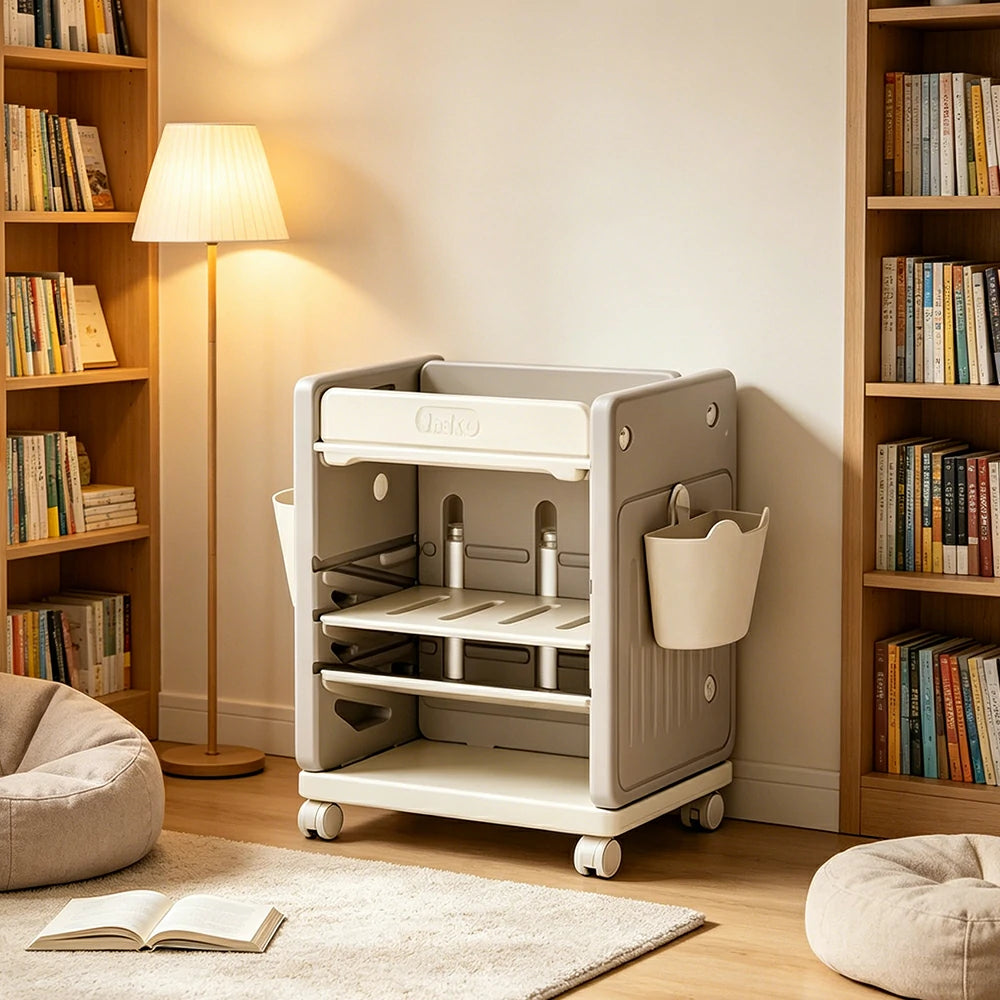 LIVARA Kids Mobile Bookcase with Adjustable Shelves and Wheels for Kids Room Study Area and Reading Space - Grey