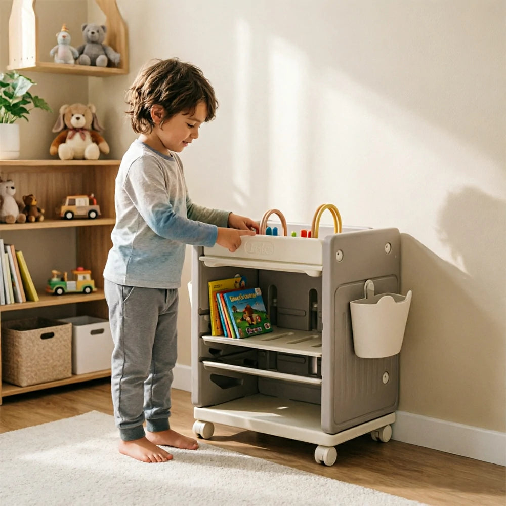 LIVARA Kids Mobile Bookcase with Adjustable Shelves and Wheels for Kids Room Study Area and Reading Space - Grey