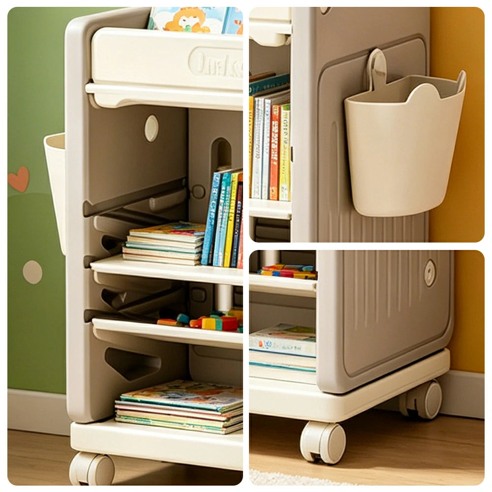 LIVARA Kids Mobile Bookcase with Adjustable Shelves and Wheels for Kids Room Study Area and Reading Space - Grey