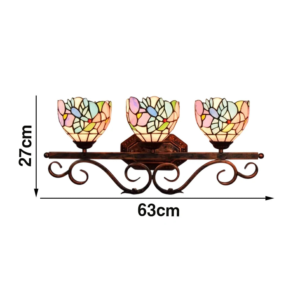 LIVARA European Vintage Bird Pattern 3-Light Wall Light Stained Glass Handcrafted Iron Frame 63cm Living Room Bedroom Dining