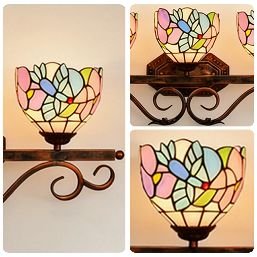 LIVARA European Vintage Bird Pattern 3-Light Wall Light Stained Glass Handcrafted Iron Frame 63cm Living Room Bedroom Dining