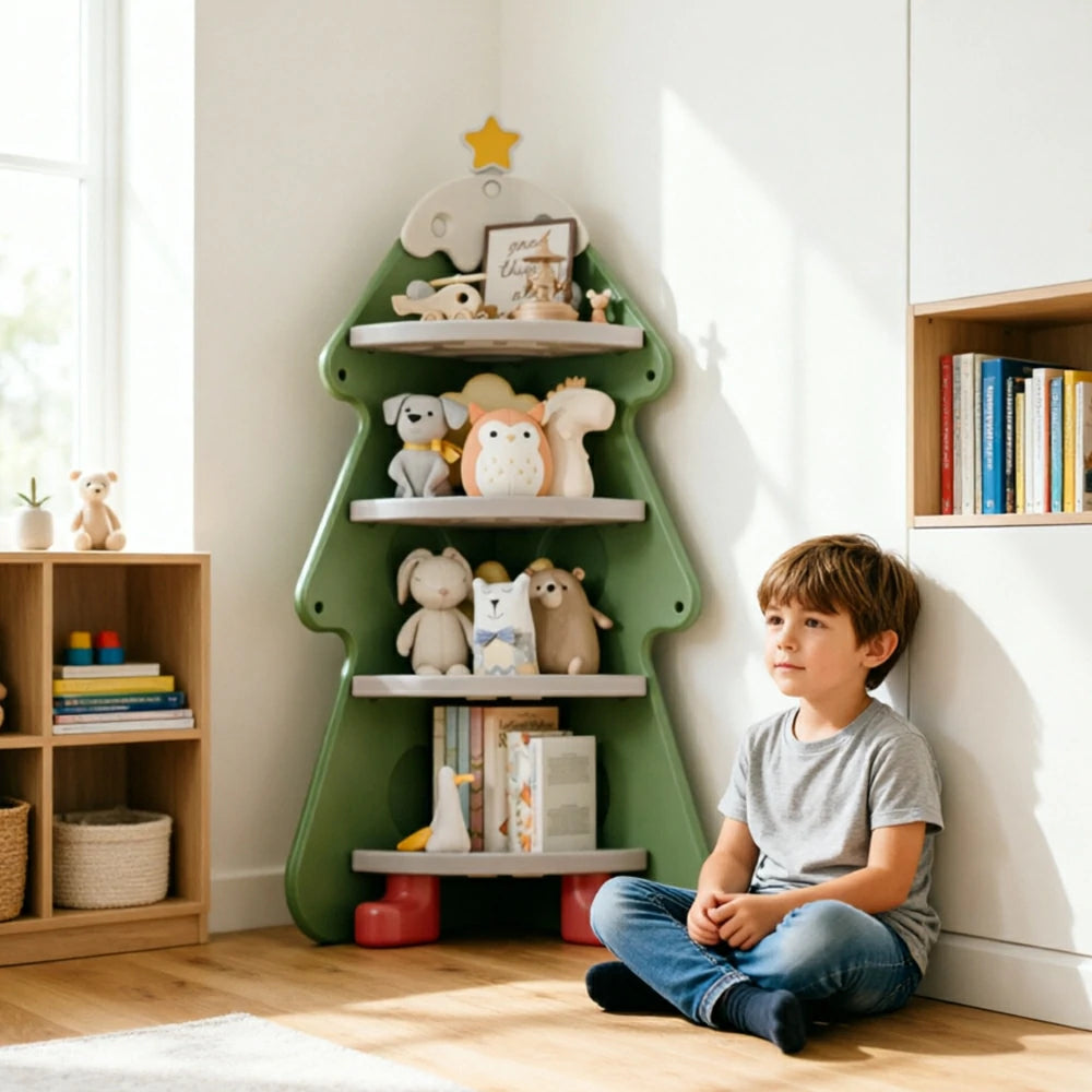 LIVARA Kids Corner Storage Cabinet with 4-Tier Shelves and Anti-Tip Design for Kids Room and Study - Green