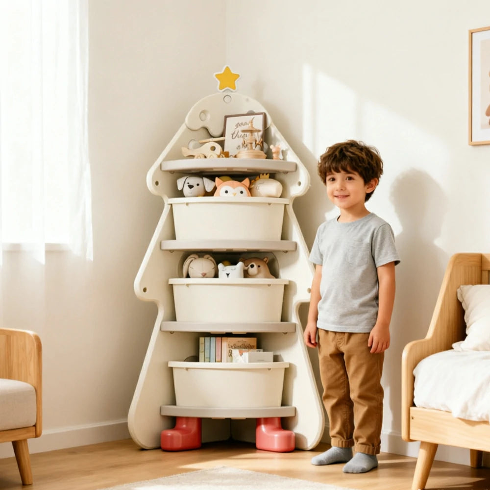 LIVARA Kids Corner Storage Cabinet with 4-Tier Shelves and Anti-Tip Design for Kids Room and Study - White