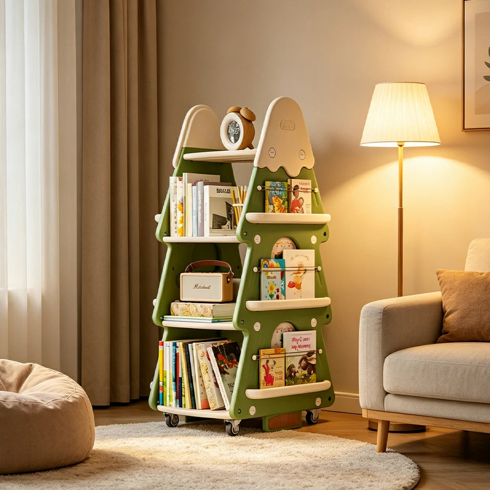 LIVARA Christmas Tree Kids Mobile Bookshelf Multi-Layer Storage with Quiet Casters for Kids Room - Green