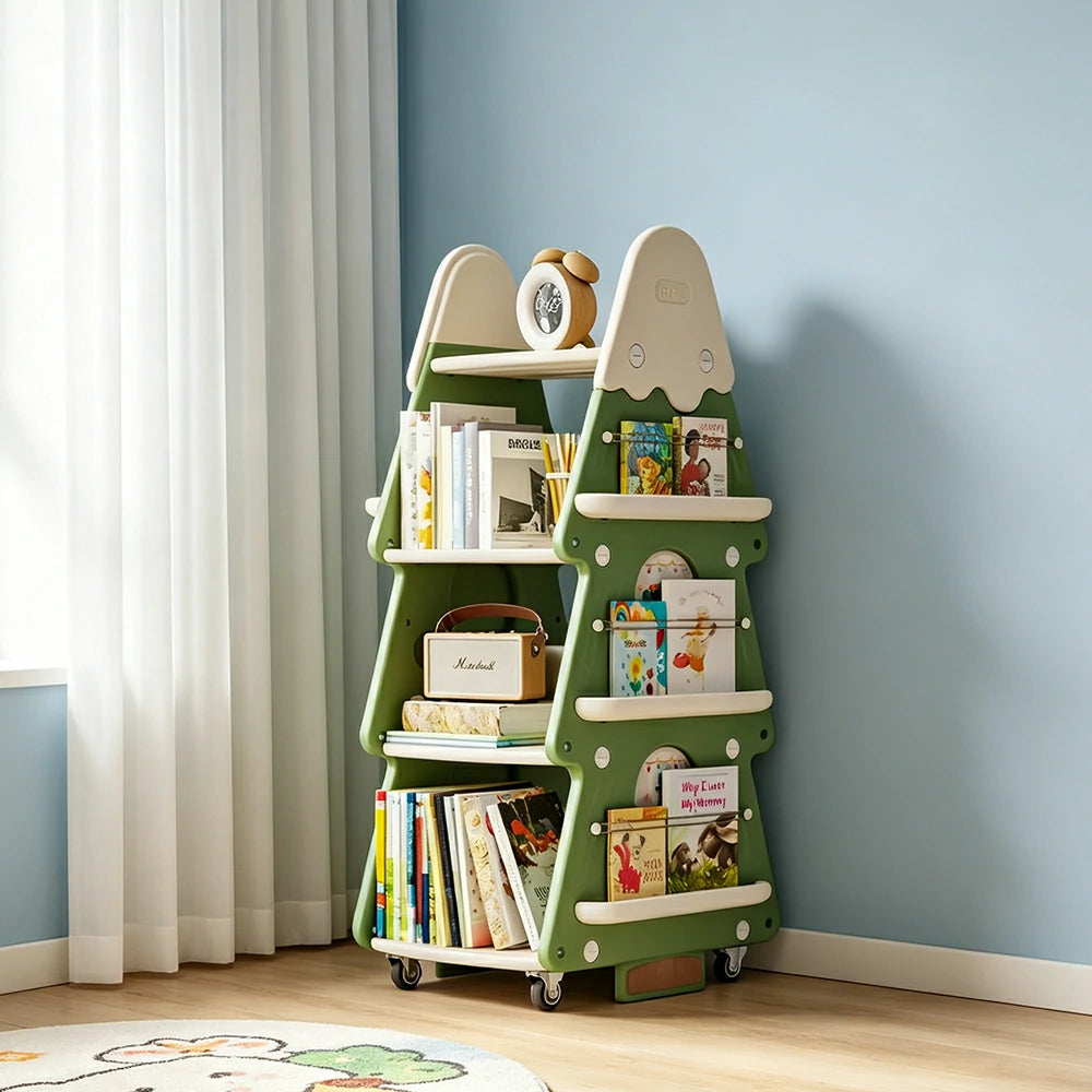 LIVARA Christmas Tree Kids Mobile Bookshelf Multi-Layer Storage with Quiet Casters for Kids Room - Green